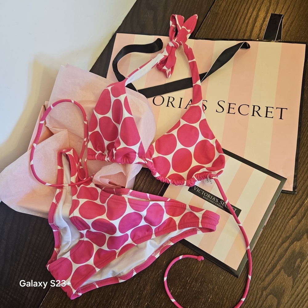 Vintage 2009 Victoria's Secret Beach Sexy Pink Polka Dot Bikini Set Womens L Y2K